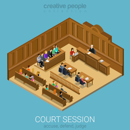 Court jury session room concept flat 3d web isometric infographic vector. People in auditory listening to lecture teacher. Creative people collection.のイラスト素材