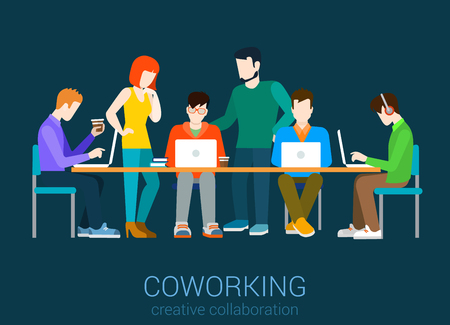 Coworking flat web infographic concept vector. Co-working group of people by the table. Office agency work process. Creative people collection.