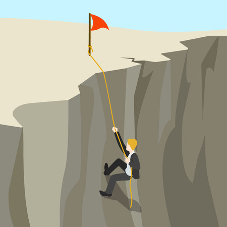 Goal achievement business concept flat 3d web isometric infographic vector. Businessman climbs on rope from abyss to the top new horizon. Creative people collection.のイラスト素材
