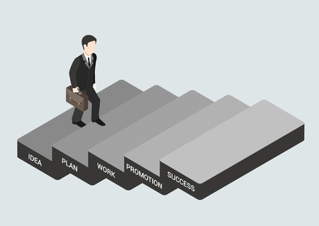 Business concept steps to succeed flat 3d web isometric infographic vector. Businessman stepping idea, plan, work, promotion, success blocks. Creative people collection.のイラスト素材