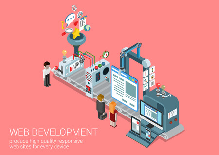 Process web development site production plant concept flat 3d isometric icon collage composition template. Conveyor transporter website responsive interface creation. Vector web banner illustration.のイラスト素材