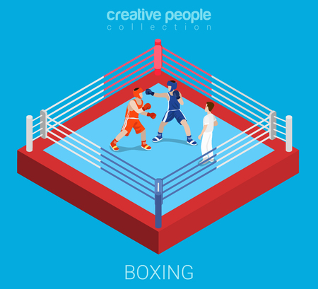 Boxing ring professional championship competition fight. Sport modern lifestyle flat 3d web isometric infographic vector. Creative sportsmen people collection.のイラスト素材