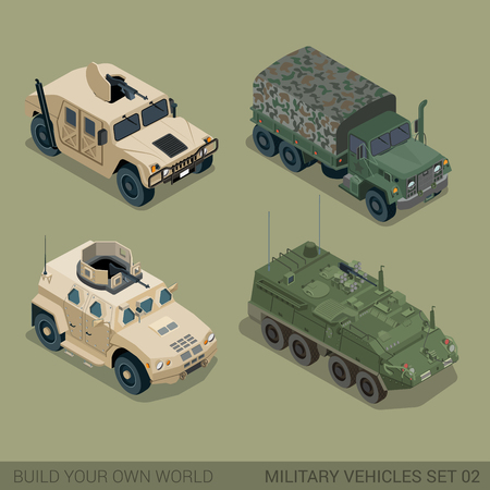Flat 3d isometric high quality military road transport icon set. Patriot APC armored personnel carrier mil truck cargo ammunition ammo van. Build your own world web infographic collection.のイラスト素材
