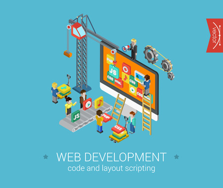 Flat web development 3d isometric modern design concept vector icons composition. Crane, desktop icons, php, html, javascript (js), css and gears. Flat web illustration infographics elements.