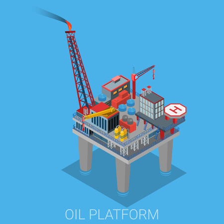 Oil platform with helipad helicopter platform in the sea ocean. Oil production process cycle. Oil extraction derrick, refinery, logistics delivery collection.のイラスト素材