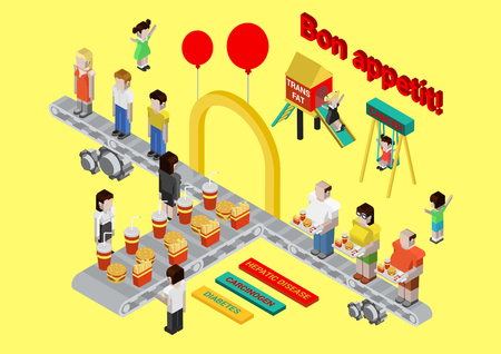 Flat 3d isometric fast food, burger and fries web infographic concept vector. Fastfood disease conveyor. Fatness trans fat diabetes carcinogen hepatic. Collection of cartoon conceptual illustrations.のイラスト素材