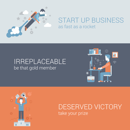 Flat quick start up business, work hard, win concept. Vector icon banners template set. Rocket man launch, workplace, irreplaceable, deserved victory. Web illustration. Website infographics elements.のイラスト素材