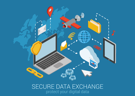 Flat 3d web isometric online safety, data protection, secure connection, cryptography, antivirus. Firewall, cloud file exchange, internet security, wireless access, VPN infographic concept vector.のイラスト素材