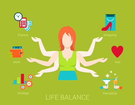 Flat life balance many armed young woman abstract shiva lifestyle concept. Female figure with multi hands pointing to work income finance strategy love romance shopping friendship aspects.のイラスト素材