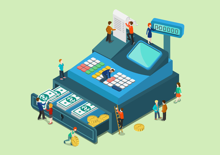 Flat 3d web isometric little people on big oversize cash register machine infographic concept vector. Fabulous mini human characters finance retail sale monetary concept. Creative people collection.のイラスト素材