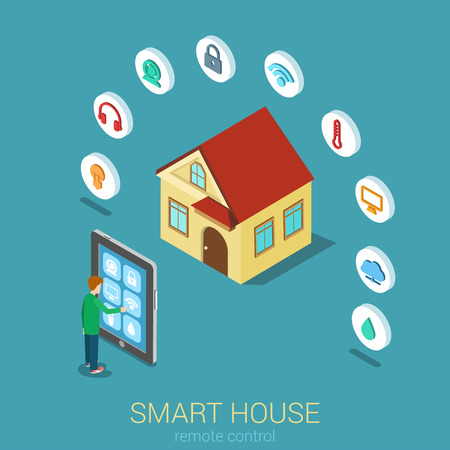 Smart house remote control flat 3d modern technology web isometric infographic vector. Man touch tablet manage indicator security camera temperature climate humidity water. Creative people collection.のイラスト素材