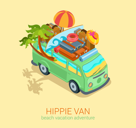 Hippie van travel beach adventure vacation flat 3d web isometric infographic concept vector. Minibus microbus bus vehicle suitcases surfboard palms sand and sea inside. Creative tourism collection.のイラスト素材
