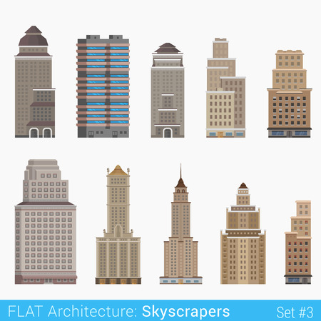 Flat style modern classic buildings skyscrapers set. City design elements. Stylish design architecture collection.のイラスト素材