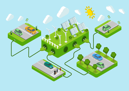 Electric cars flat 3d web isometric alternative eco green energy lifestyle infographic concept vector. Road platforms, sun battery, wind turbine, power cords. Ecology power consumption collection.のイラスト素材
