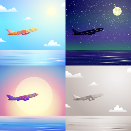 Flat airplane aircraft flying in sky above sea stylish modern travel scene set. Stylish web banner nature outdoor collection. Daylight night moonlight sunset view retro vintage plane picture sepia.のイラスト素材