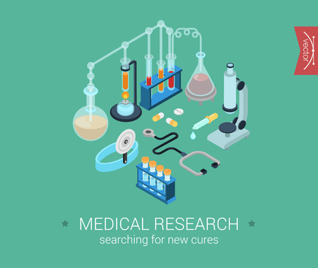 Medical research flat 3d isometric pixel art modern design concept vector icons composition set. Microscope, flask, bulb, cure pills. Flat web infographics elements collection for website.のイラスト素材