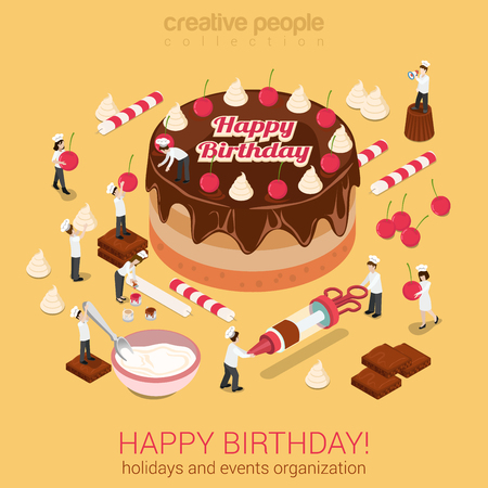 Happy birthday cake with micro people bakers tools aroundのイラスト素材