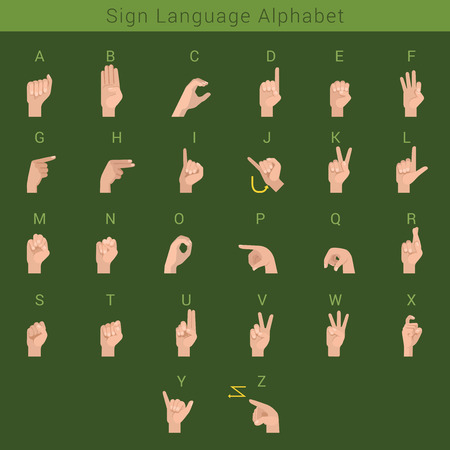 Sign deaf language hand gestures Latin English ABC. Hands showing letters of alphabet.のイラスト素材