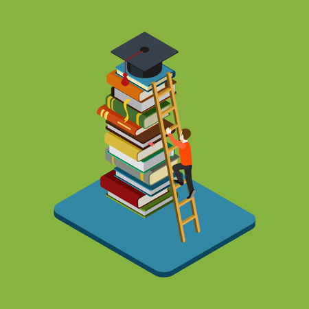 Flat 3d web isometric education graduation infographic concept vector. Man figure climbs on ladder over heap of books to reach graduate cap. Gain knowledge result, university / college classes.のイラスト素材