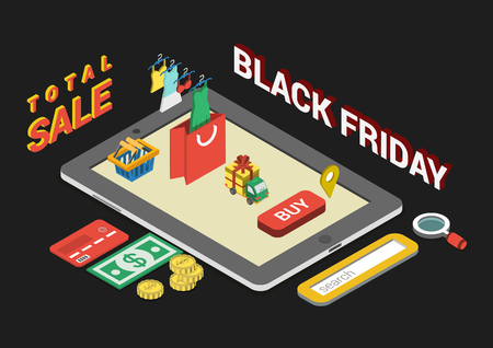 Flat 3d web isometric black friday sale infographic concept vector. Mobile tablet interface buy button, search field, credit card, money, dollar banknote, coins, clothes on hangers, shopping cart, bagのイラスト素材