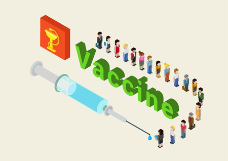 Flat 3d isometric medical vaccine, cure research, addiction, vaccination web infographic concept vector. Line of cartoon characters people waiting for their portion of vaccine from the syringe.のイラスト素材