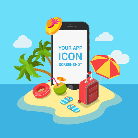 Travel mobile app mockup showcase flat 3d isometric templateのイラスト素材