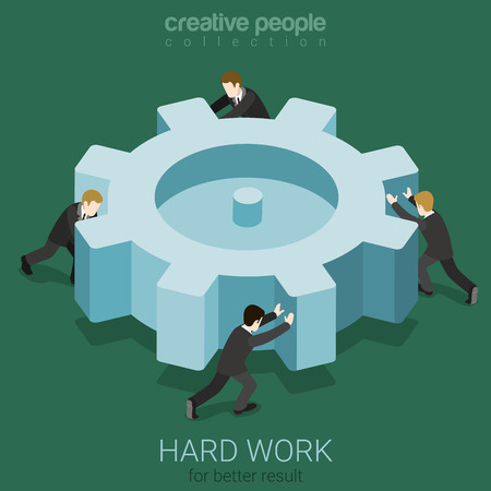 Micro business people spinning big cogwheel gear. Hard work team concept flat 3d web isometric infographic concept vector. Creative people collection.のイラスト素材