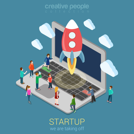 Startup launching process flat 3d web isometric infographic technology online service application internet business concept vector. Rocket space ship taking off laptop keyboard micro creative people.のイラスト素材