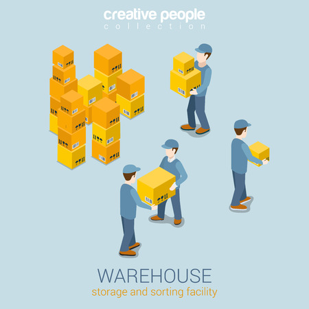 Warehouse storage delivery service flat 3d web isometric infographic concept vector. Courier loader mover working with goods boxes. Process prepare for delivery. Creative people collection.のイラスト素材