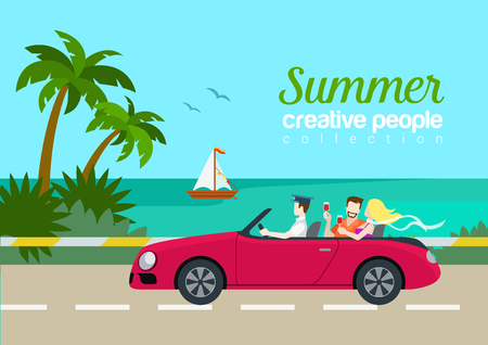 Summer travel couple cabrio car flat web infographic conceptのイラスト素材