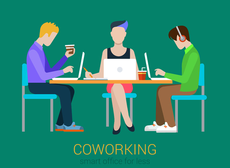 Coworking flat web infographic concept vector. Co-working three people at the table with laptops. Office agency work process. Creative people collection.のイラスト素材
