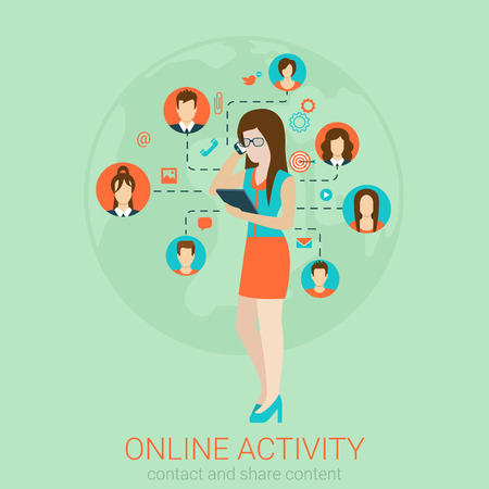 Beautiful young girl businesswoman secretary helper manager in glasses talking phone infographics. Flat style design vector illustration social media network concept. Flat 2D conceptual collection.のイラスト素材