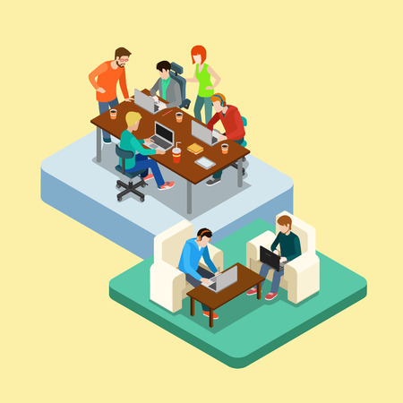 Coworking flat 3d web isometric infographic concept vector. Co-working groups of people on two locations. Office of advertising agency work process. Creative people collection.のイラスト素材