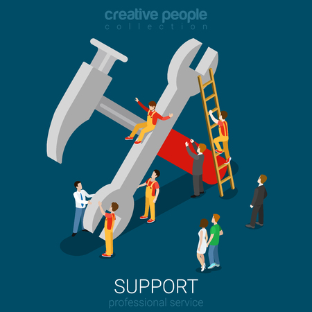 Support service professional guarantee maintenance concept flat 3d web isometric infographic concept vector. Micro people on big hummer wrench sign. Creative people collection.のイラスト素材