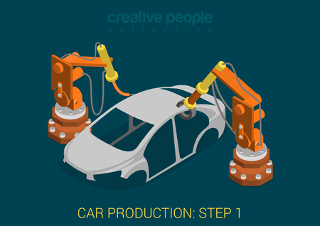 Car production plant process step 1 welding works flat 3d isometric infographic concept vector illustration. Factory robots weld vehicle body in assembly shop. Build creative people world collection.