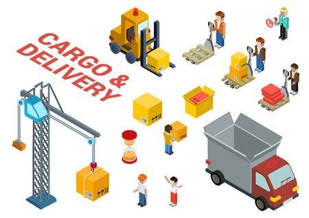 Flat 3d isometric cargo delivery shipment loading web infographic concept vector icon set template. Delivery van, crane, manager, foreman, box, crate, hourglass, loader, pallet and movers icons.のイラスト素材