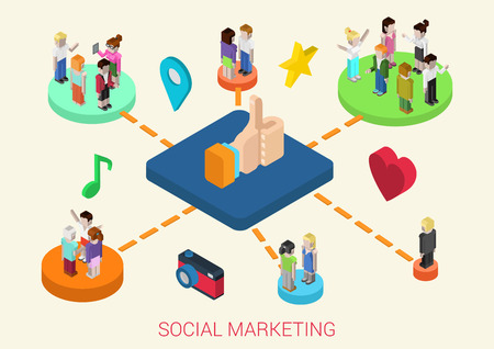 Flat 3d isometric online social media digital marketing people connections web infographic concept vector. People on platforms connected love, friendship, interests, business, reminiscence, memories.のイラスト素材