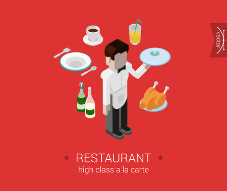 Restaurant a-la-carte waiter service flat 3d isometric pixel art modern design concept vector. Male waiter brings order food chicken champagne. Web banner illustration website click infographics.のイラスト素材