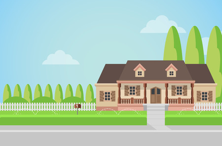 Flat style countryside family house with backyard lawn concept. Architecture design elements. Build your world collection.のイラスト素材