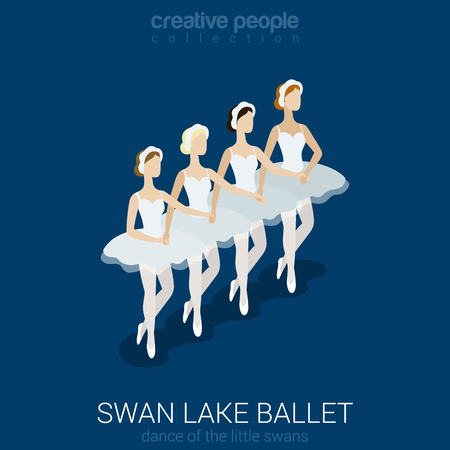 Dancing ballerinas. Swan lake ballet. Dance of little swans. Flat 3d isometric classic ballet female performers. Creative people collection.のイラスト素材