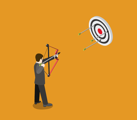 Business target concept flat 3d web isometric infographic vector. Businessman archer aims bow arrow to bull eye. Creative people collection.のイラスト素材