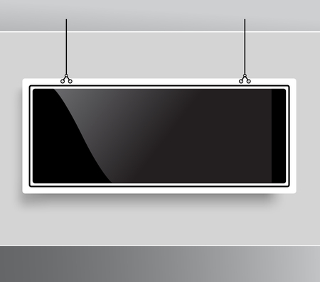 Blackboard hanging from ceiling. Glossy modern stylish empty black board template mockup. Place text logo photo product.のイラスト素材