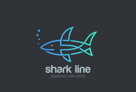 Shark Linear Logo design vector template.
Creative outlined fish abstract Logotype seafood line art style icon.のイラスト素材