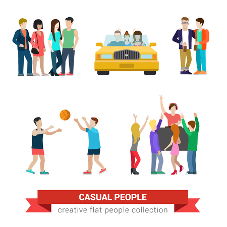 Flat style modern people casual clothes icons situations web template infographic vector icon set. Young couple in car friends basketball DJ party. Creative people collection.のイラスト素材