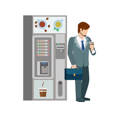Young businessman manager drink hot beverage cup before coffee automatic machine. Flat people lifestyle situation coffee break. Young creative human vector illustration collection.のイラスト素材