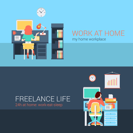 Set of young man woman home office freelance homework laptop table workplace back view. Flat people lifestyle situation work at home concept. Vector illustration collection of young creative humans.のイラスト素材