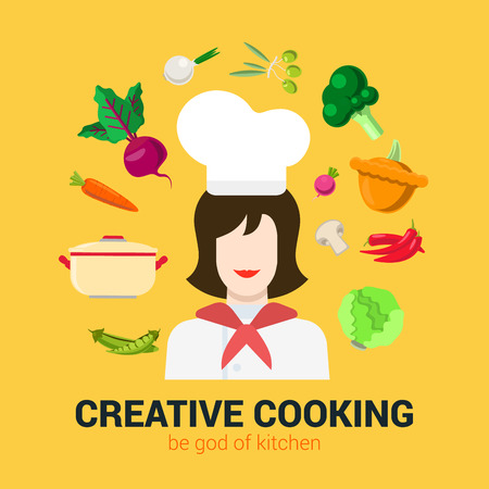 Flat style modern fresh creative cooking concept. Happy smiling female kitchen professional chief and vegetable soup food ingredient icon set. Cafe restaurant conceptual collection.のイラスト素材