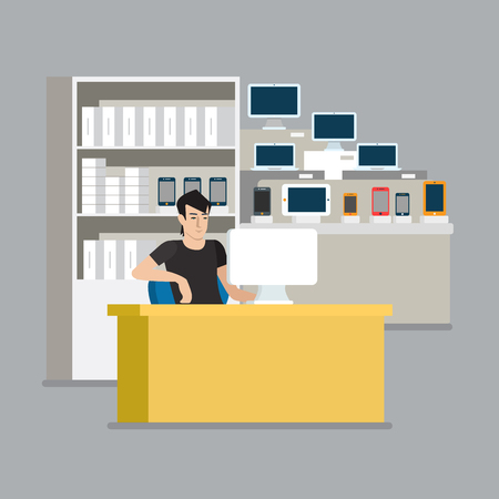 Computer smartphone tablet showcase salesman sale point. Flat style modern professional job related icon man workplace objects. Showcase box phone laptop PC stock. People work collection.のイラスト素材