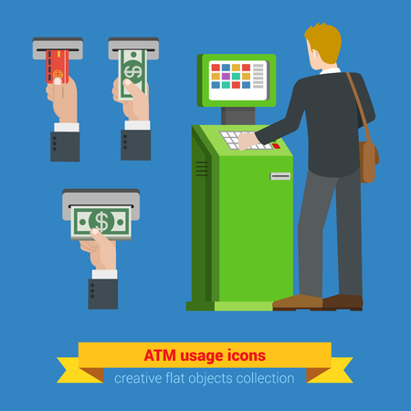 ATM terminal usage bank credit card money banknote icons. Payment options banking finance money flat 3d web isometric infographic vector. Creative people collection.のイラスト素材