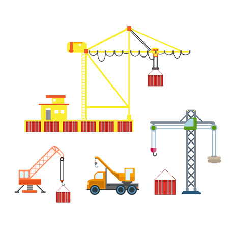 Flat city crane construction sea port container box logistics transport icon set. Build your own world web infographic collection.のイラスト素材